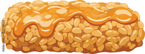 Delicious golden puffed rice bar drizzled with sweet caramel sauce, a tasty snack.