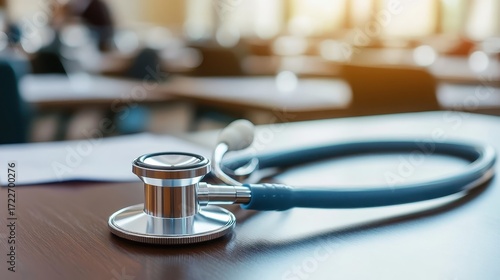 Stethoscope on a Desk in a Bright Classroom Setting