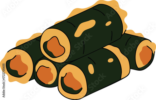 A simple cartoon illustration of a stack of fried seaweed rolls, a popular Asian snack food.