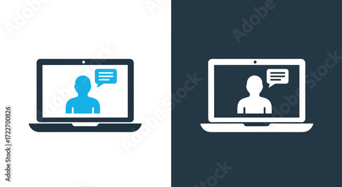 Modern laptop screen displaying video call conversation icon on white and s