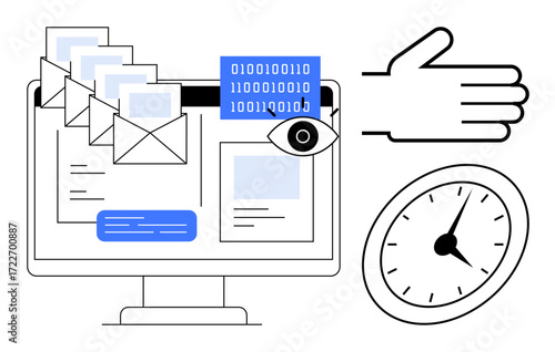 Computer monitor displays email messages and binary code with an eye, hand gesture, and clock. Ideal for productivity, digital security, email organization, time management, collaboration, modern