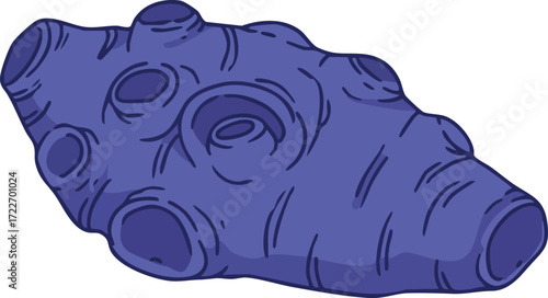 Illustration of a blue, porous, cylindrical object with multiple openings and a textured surface.