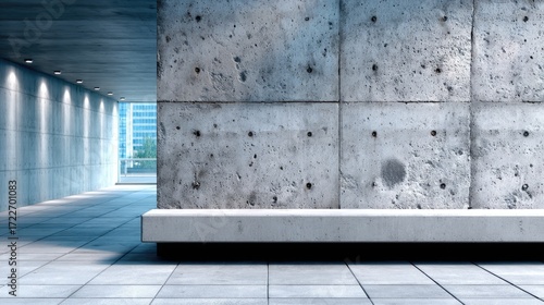 Textured Grey Concrete Wall in Modern Minimalist Interior with Natural Lighting near Large Windows and Cityscape Background in Day Time