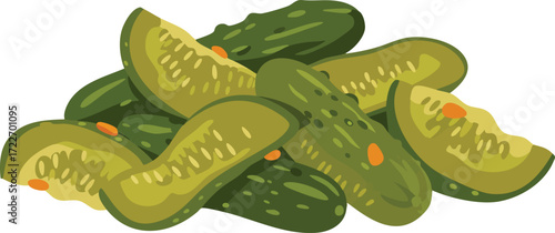 Pile of sliced pickles, showing various shapes and sizes.