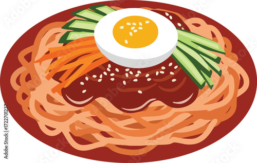 A vibrant plate of Korean bibim guksu noodles with spicy red sauce, topped with fresh cucumber, carrots, and a boiled egg.
