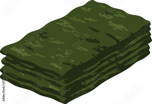 Stack of dried seaweed sheets, dark green color, textured surface.