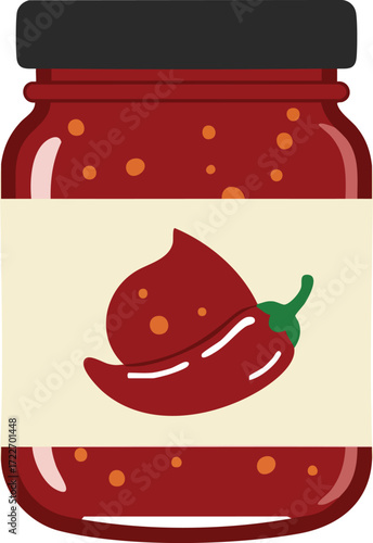 A vector illustration of a glass jar filled with red chili sauce, featuring a label with a chili pepper graphic.