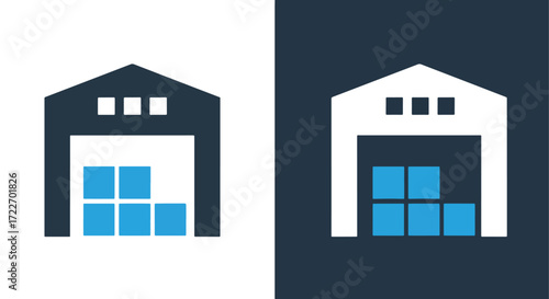 Warehouse building icon with stored boxes for logistics and storage solutions