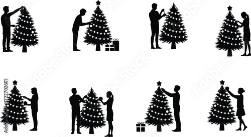 Christmas silhouettes, people decorating tree, holiday celebration, festive season, family together, ornaments and gifts, star on top, joyful tradition, winter celebration