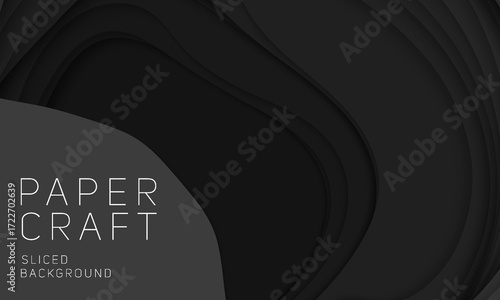 Black 3D papercut background with abstract sliced layers and realistic shadow effect. Modern paper craft vector template for posters and presentations.