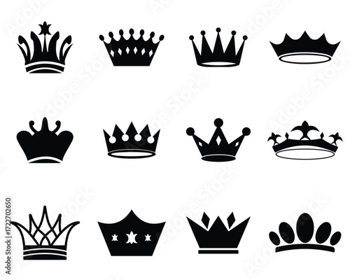 Crown icons set.  Aristocracy, kingdom and monarchy, symbol of government and royal family. simple silhouette of crown set, vector illustration.