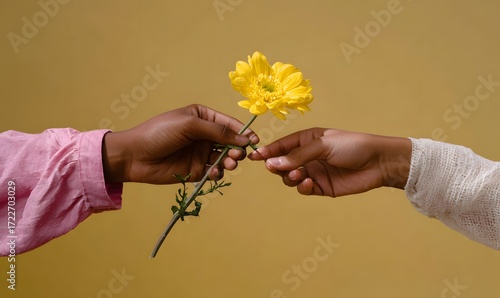  hand passing a flower to another hand.