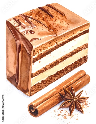 Detailed illustration of a layered cake slice with cinnamon sticks and star anise