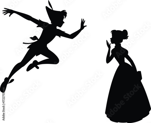 Silhouette illustration, Peter Pan character, flying boy, fantasy adventure, woman with book, blowing kiss, magical story, fairytale art, childhood imagination