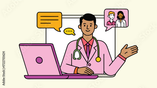 Doctor consulting patient online via video call on laptop, telemedicine concept