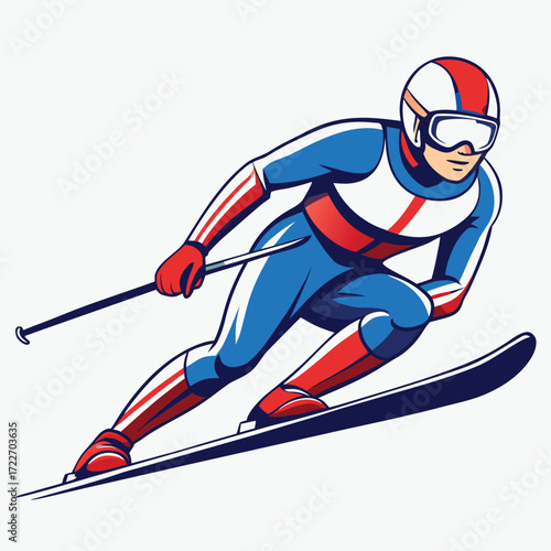 Alpine skier in red, white, and blue racing suit skiing downhill