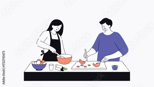Couple cooking together in the kitchen, preparing food on a table