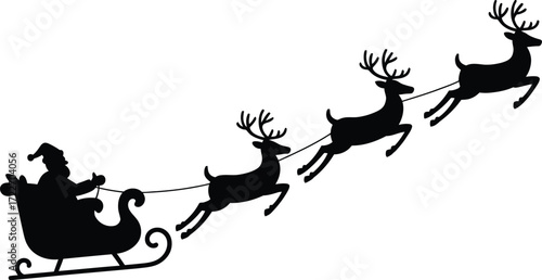 Santa Claus silhouette with reindeer pulling sleigh across night sky