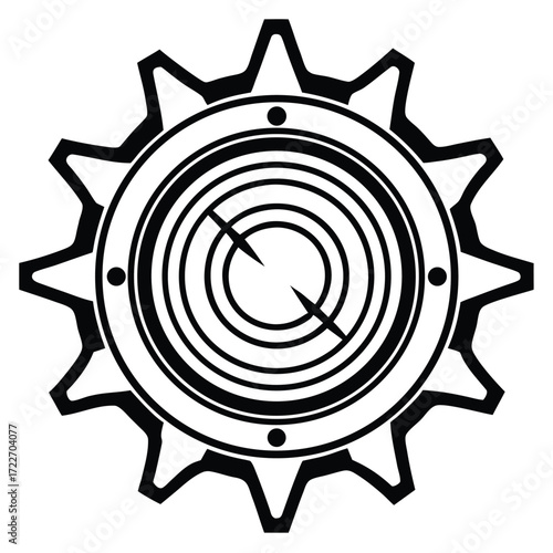 Black and white illustration of a gear with concentric circles and crosshairs