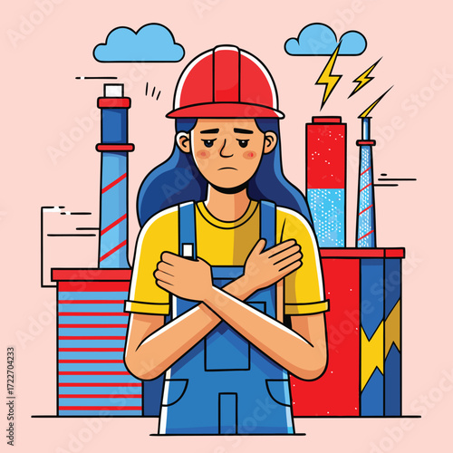 Sad female construction worker in front of factory, feeling cold and worried