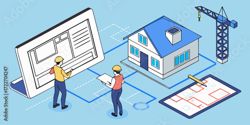 Isometric Architects and Engineers Working on Blueprints and 3D House Models.