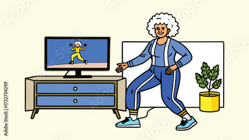 Elderly woman exercising at home following a fitness video on television