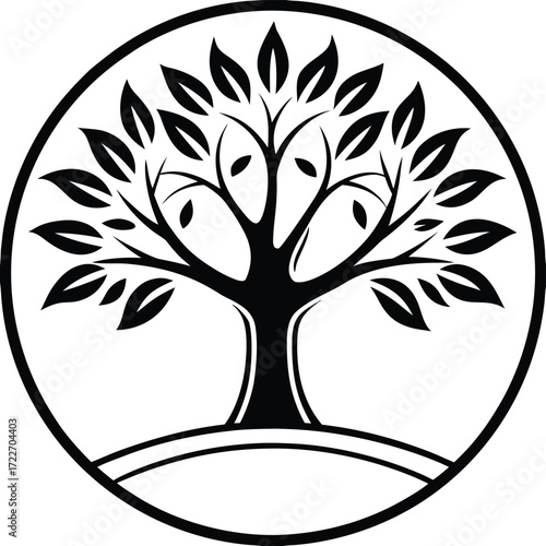 Black and white circular logo of a stylized tree with leaves and roots