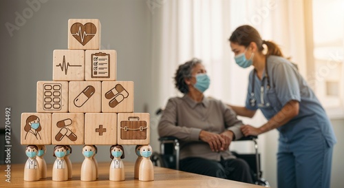 Healthcare Pyramid with Medical Icons and Compassionate Elder Care Scene  
