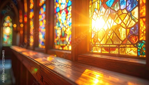 Sunlight streams through vibrant stained-glass windows