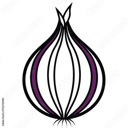 A stylized illustration of a red onion cut in half, isolated on a