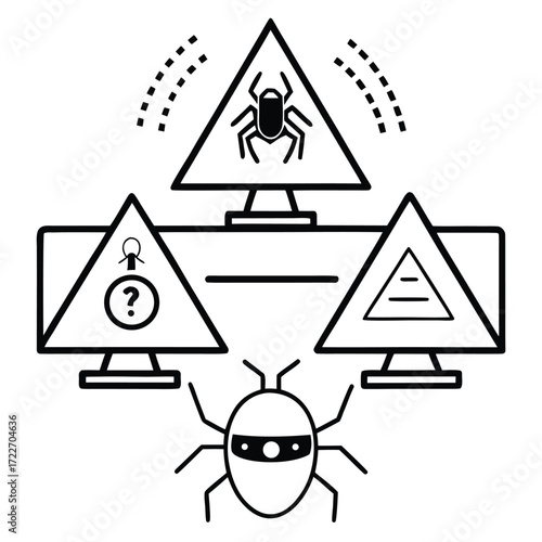 Computer network security breach with virus and bug icons