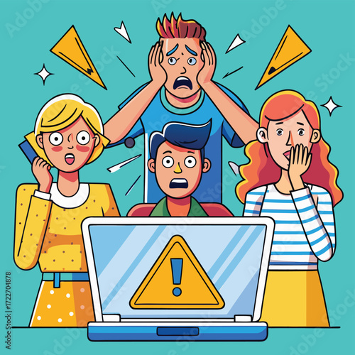 People reacting with fear and panic to a computer warning sign on a laptop screen