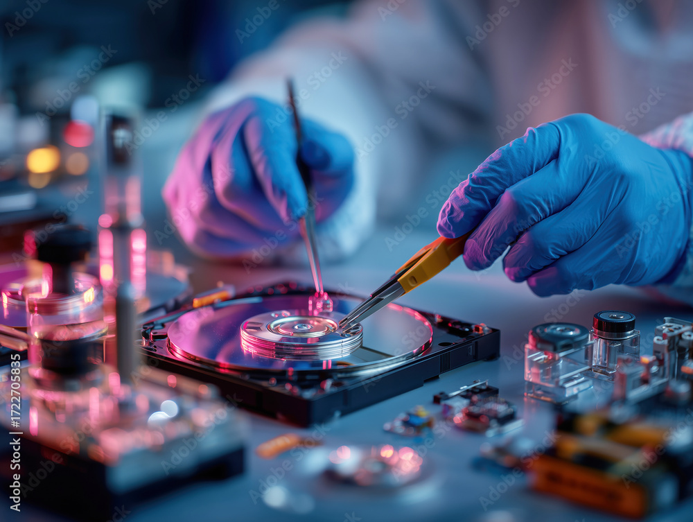 Obraz premium Close-Up of Technician Repairing Hard Drive with Precision Tools in Neon Lighting Environment