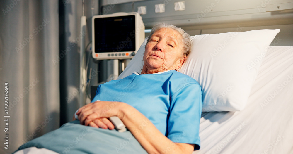 Obraz premium Rest, woman and senior patient in hospital for recovery of surgery, diagnosis or treatment. Sick, relax and elderly female person in bed for medical consultation or appointment in ward at clinic.