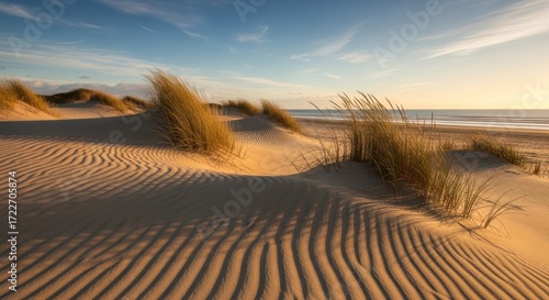 Fototapeta Naklejka Na Ścianę i Meble -  Sand dunes with grass and waves in the background.
