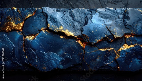 Dark blue rock slab, cracked, gold veins