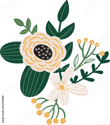 A decorative floral arrangement with a large cream flower