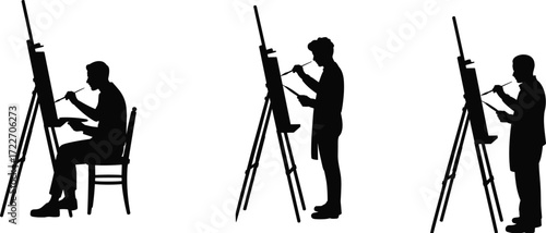 Black and white silhouettes of artists painting on easels, creative illustration, painter with palette and brush, fine art studio concept