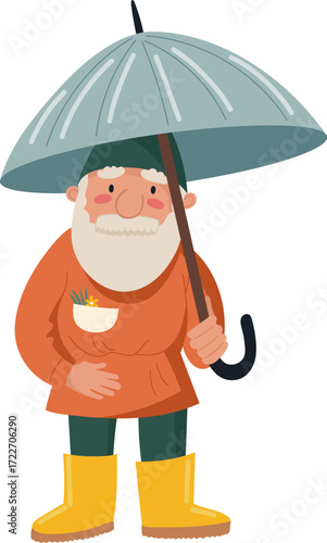 A gnome with an umbrella in the rain