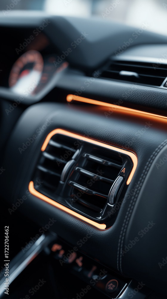Obraz premium Close-up of modern luxury car dashboard with illuminated controls and sleek design. 