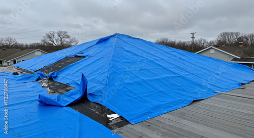 Blue tarp covering damaged roof on residential house after storm  