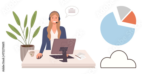 Woman at desk with headset, computer, coffee cup, pie chart, and cloud graphic. Ideal for business communication, remote work, data analysis, customer support tech services virtual meetings simple