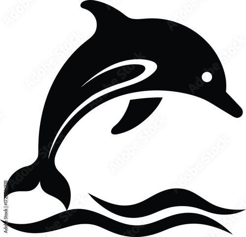 Dolphin jumping over ocean waves vector illustration on transparent background.