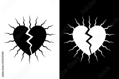 Black and White Broken Heart Silhouette. Flat Design for Digital Use