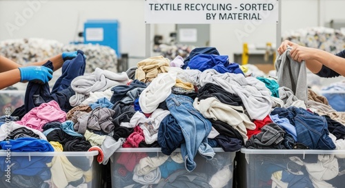 People sorting through a pile of clothes in a recycling facility.