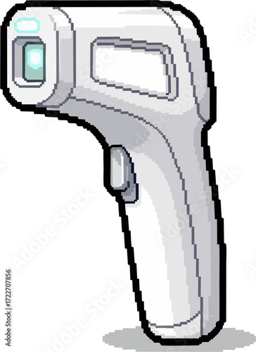 Illustration of a white contactless infrared thermometer with a trigger, ready for temperature measurement.