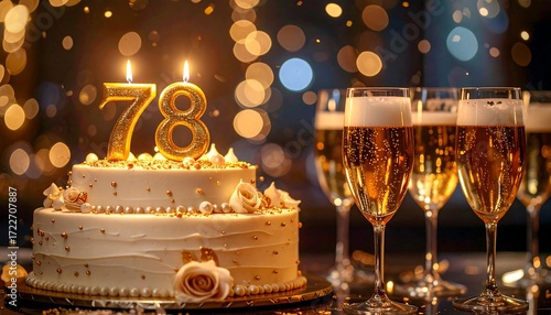 An elegant seventy-eighth birthday celebration with a beautiful two-tier cake, golden number 78 candles, and glasses of sparkling champagne