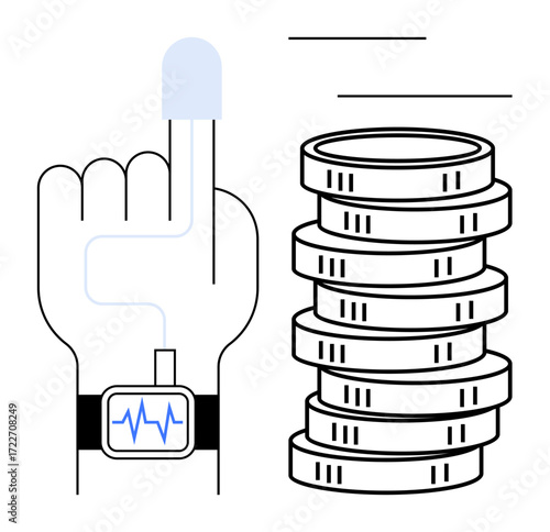 Hand with biometric scanner and smartwatch analyzing heartbeat beside stacked coins. Ideal for authentication, fintech, wearable tech, health monitoring, secure payments, digital economy, innovation