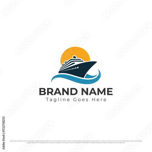 Cruise ship travel logo with sun and waves, luxury tourism and vacation branding vector