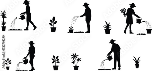 Black and white silhouette of person watering plants, gardening activity, potted flowers, home care, growth nurturing, environmental awareness illustration